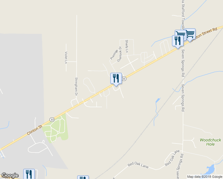 map of restaurants, bars, coffee shops, grocery stores, and more near 5106 Clinton Street Road in Batavia