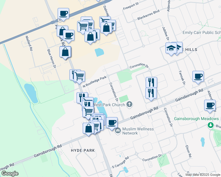 map of restaurants, bars, coffee shops, grocery stores, and more near 979 Kimball Crescent in London