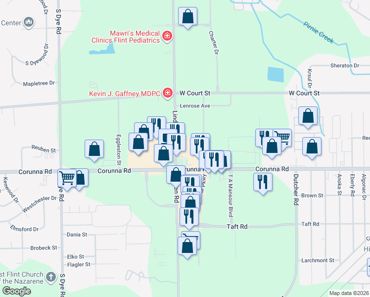 map of restaurants, bars, coffee shops, grocery stores, and more near 1471 Linden Court in Flint