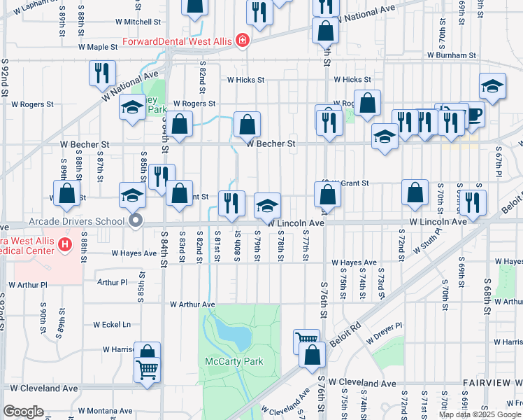map of restaurants, bars, coffee shops, grocery stores, and more near 2224 South 79th Street in West Allis