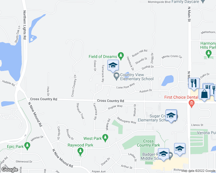 map of restaurants, bars, coffee shops, grocery stores, and more near 1001 Kettle Court in Verona