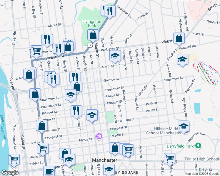 map of restaurants, bars, coffee shops, grocery stores, and more near 200 Sagamore Street in Manchester