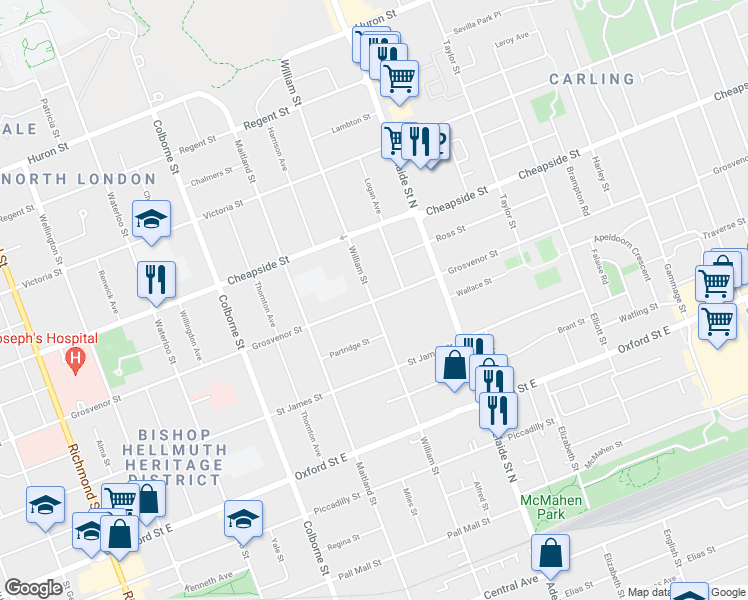 map of restaurants, bars, coffee shops, grocery stores, and more near 558 Grosvenor Street in London