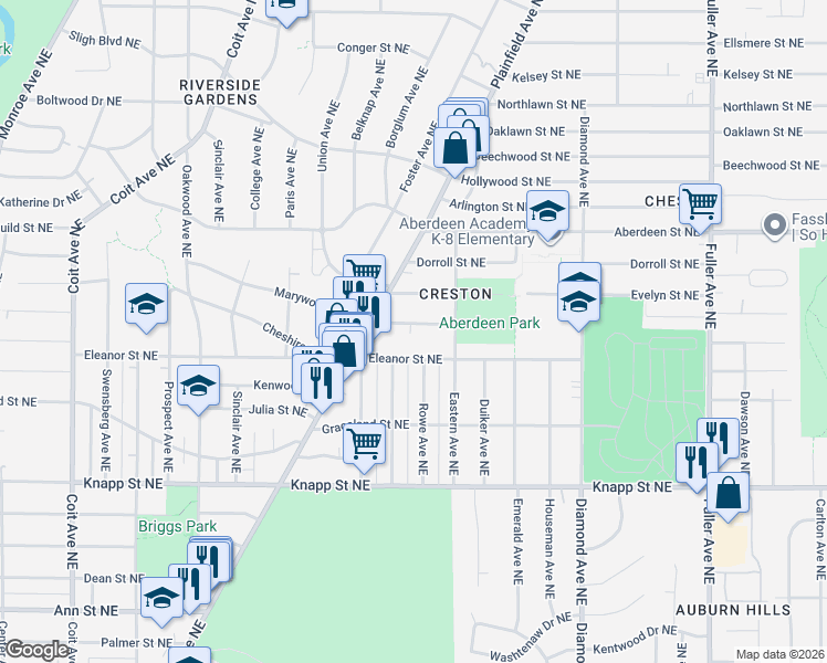 map of restaurants, bars, coffee shops, grocery stores, and more near 740 Halena Street Northeast in Grand Rapids