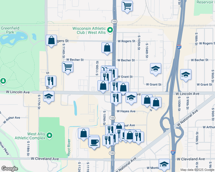 map of restaurants, bars, coffee shops, grocery stores, and more near 2235 South 109th Street in West Allis