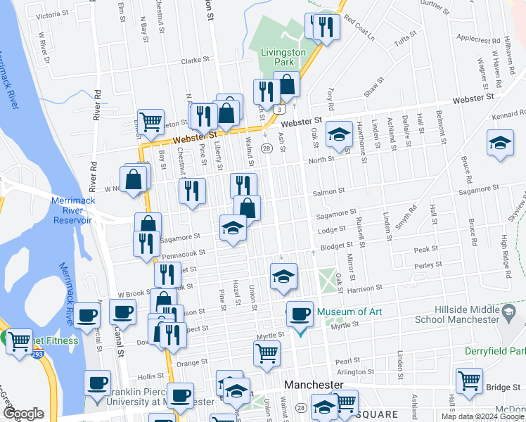 map of restaurants, bars, coffee shops, grocery stores, and more near 293 Walnut Street in Manchester
