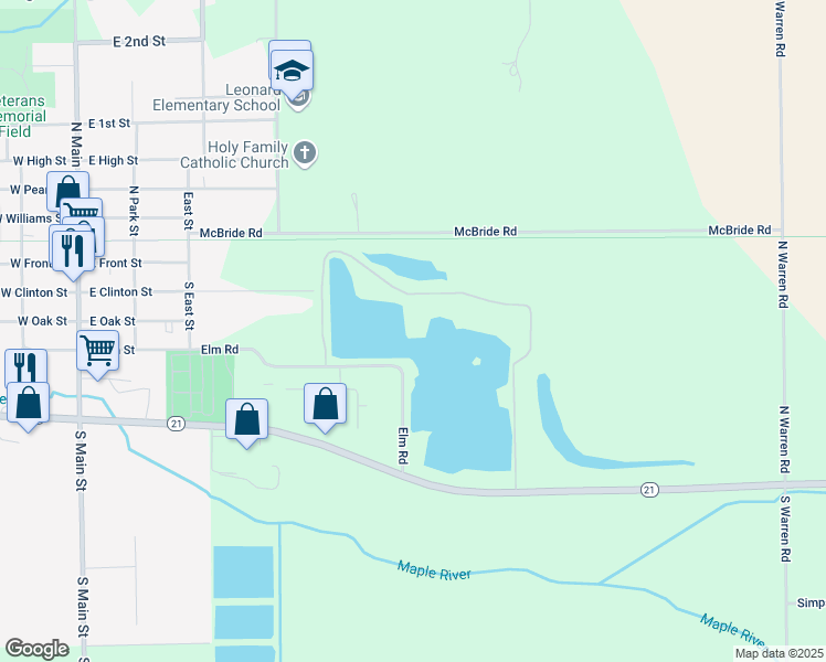 map of restaurants, bars, coffee shops, grocery stores, and more near 9600 Elm Road in Ovid