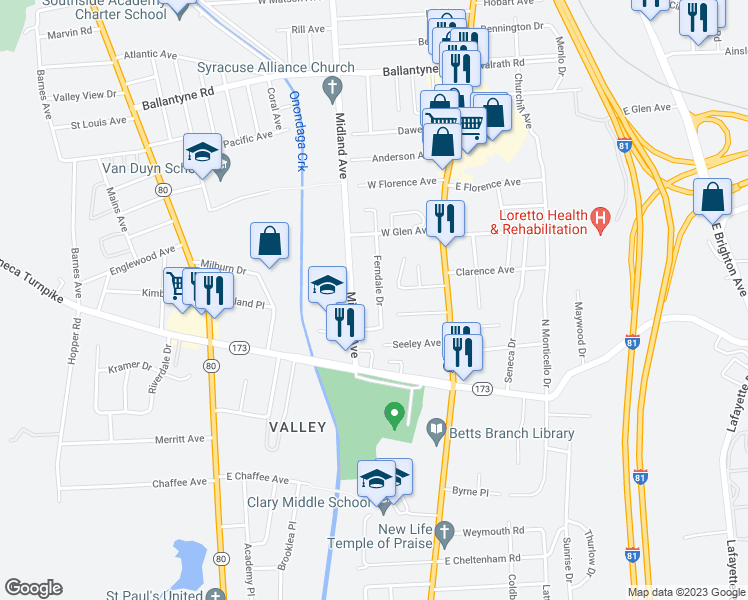 map of restaurants, bars, coffee shops, grocery stores, and more near 310 Ferndale Drive in Syracuse