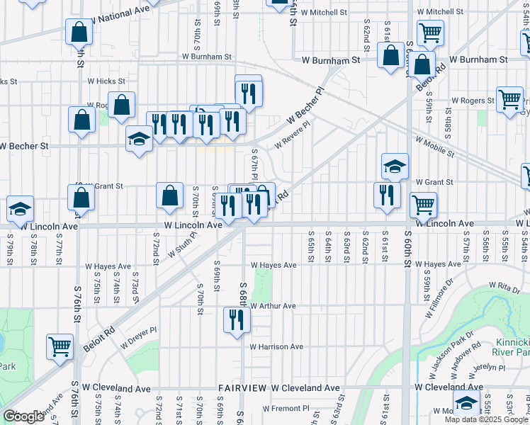 map of restaurants, bars, coffee shops, grocery stores, and more near 6711 Beloit Road in West Allis