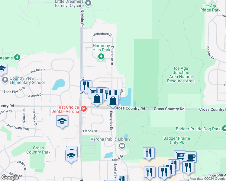 map of restaurants, bars, coffee shops, grocery stores, and more near 1117 Enterprise Dr in Verona