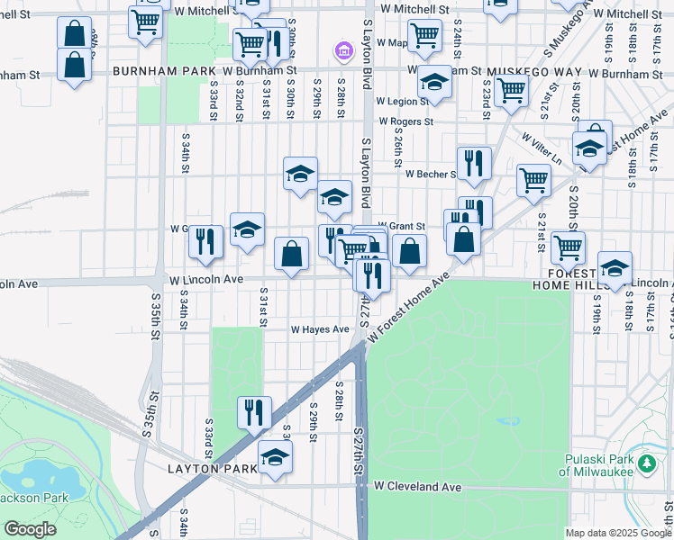 map of restaurants, bars, coffee shops, grocery stores, and more near 2802 West Lincoln Avenue in Milwaukee