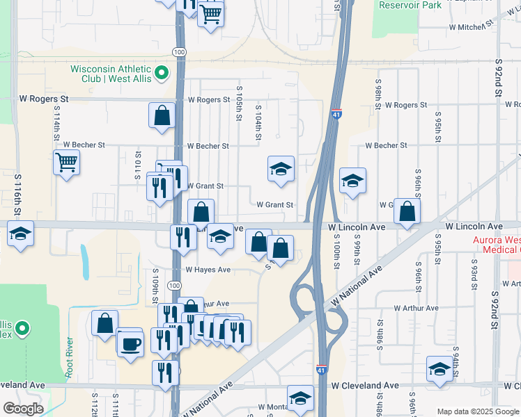 map of restaurants, bars, coffee shops, grocery stores, and more near 10333 West Grant Street in West Allis