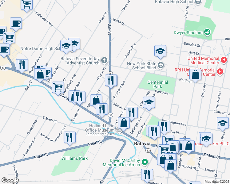 map of restaurants, bars, coffee shops, grocery stores, and more near 40 Oak Street in Batavia
