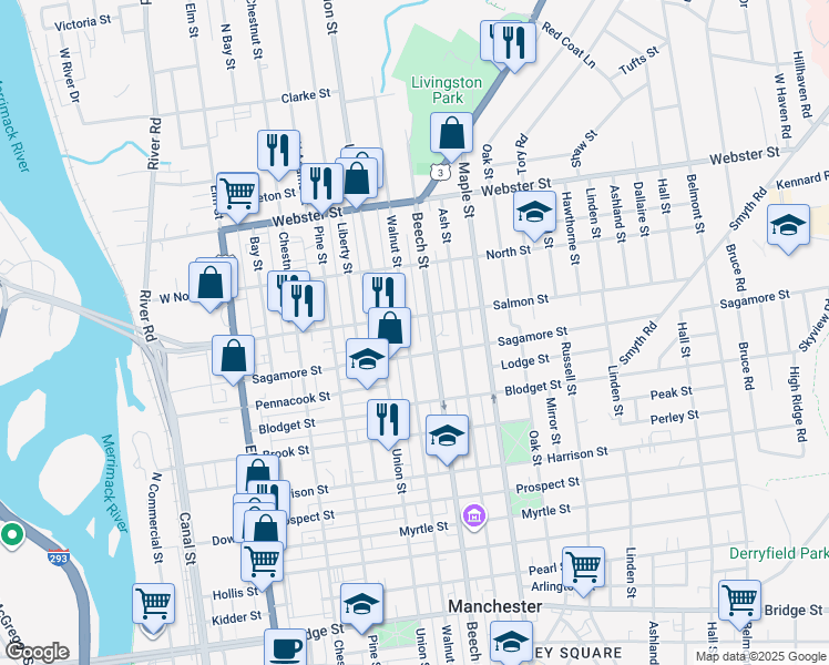 map of restaurants, bars, coffee shops, grocery stores, and more near 296 Walnut Street in Manchester