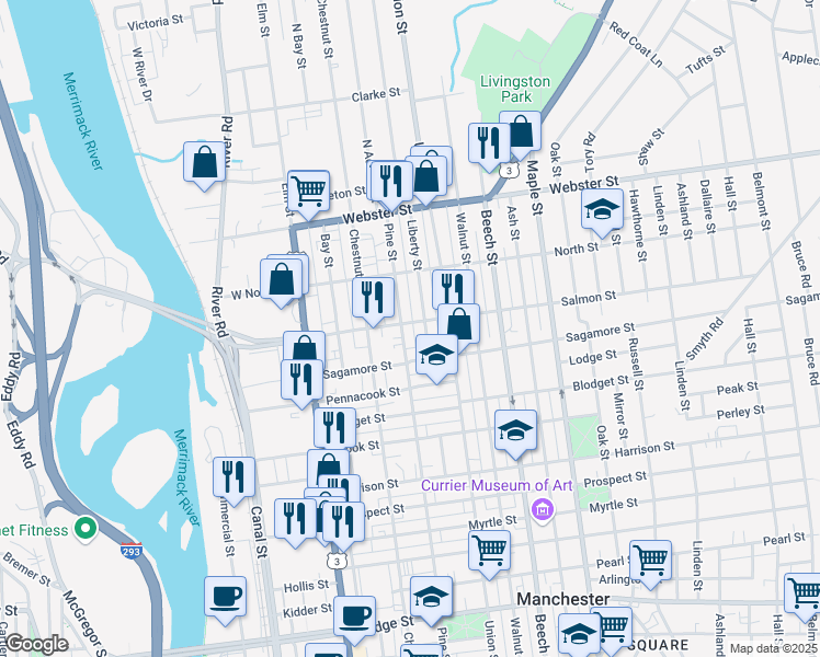map of restaurants, bars, coffee shops, grocery stores, and more near 66 Salmon Street in Manchester
