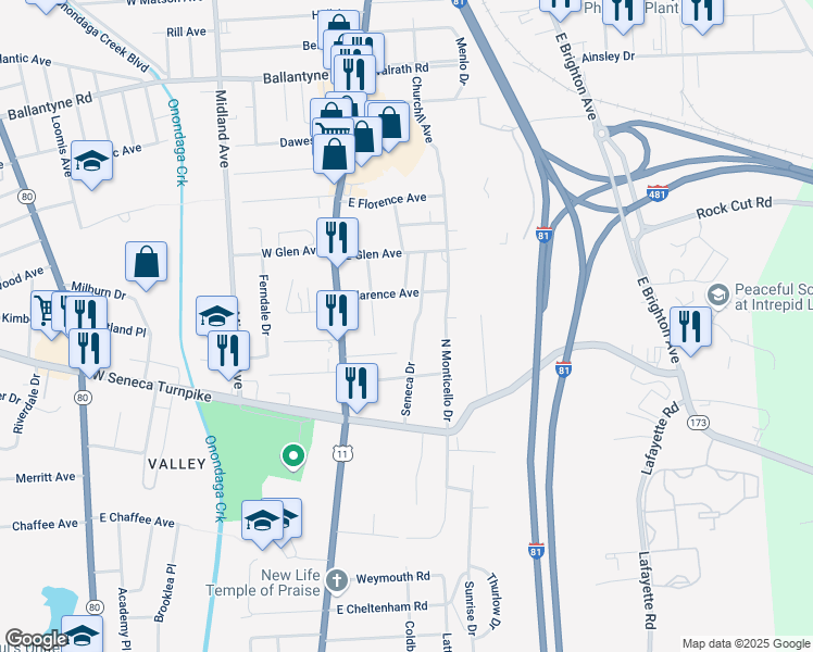 map of restaurants, bars, coffee shops, grocery stores, and more near 232 Seneca Drive in Syracuse