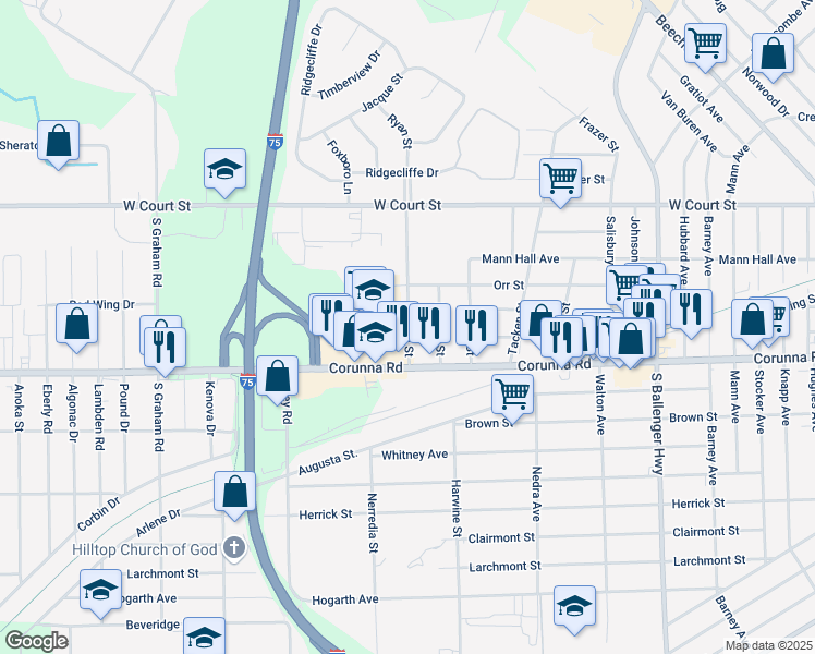 map of restaurants, bars, coffee shops, grocery stores, and more near 1594 Ryan Street in Flint