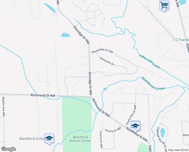 map of restaurants, bars, coffee shops, grocery stores, and more near 2740 Westbrook Drive Northwest in Grand Rapids