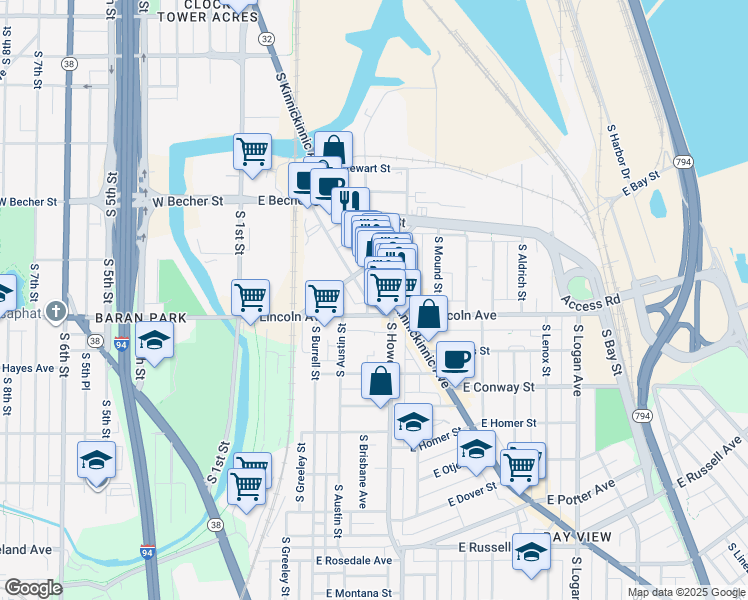 map of restaurants, bars, coffee shops, grocery stores, and more near 2231 South Robinson Avenue in Milwaukee