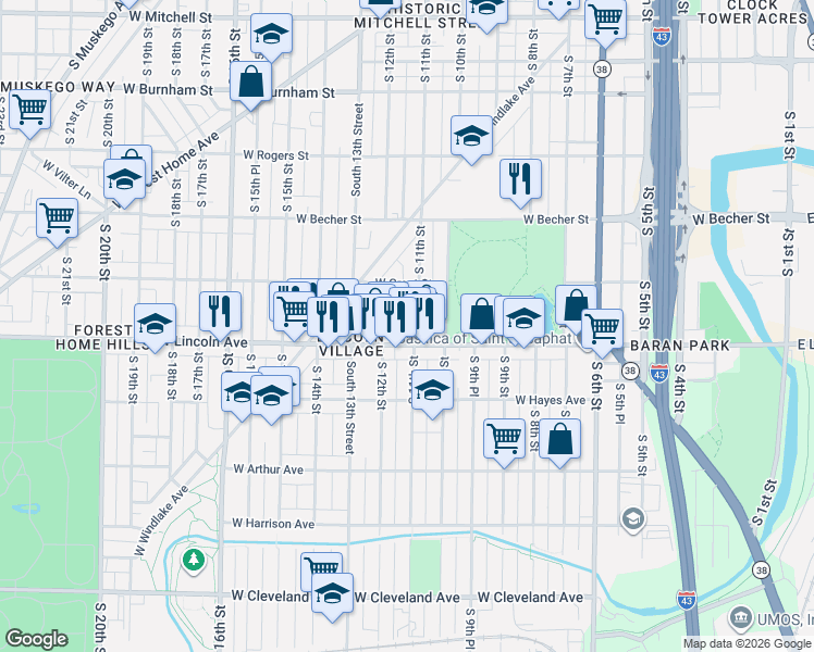 map of restaurants, bars, coffee shops, grocery stores, and more near 2252 South 12th Street in Milwaukee