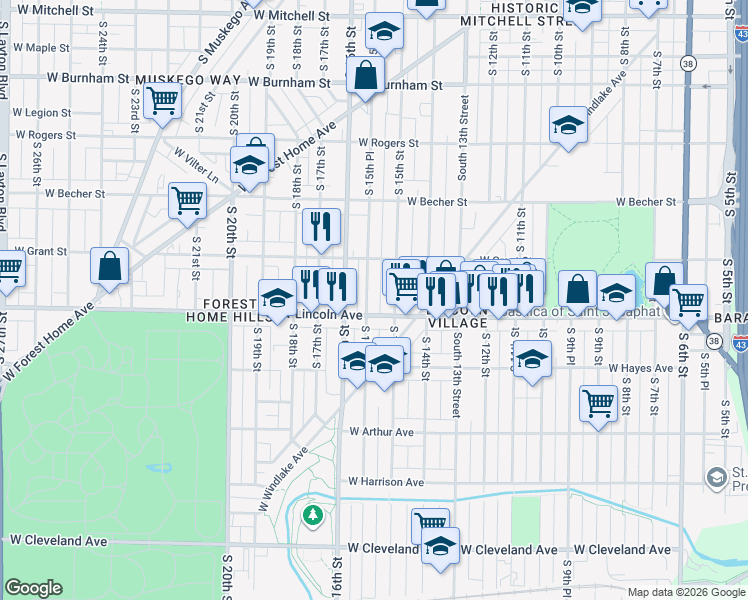 map of restaurants, bars, coffee shops, grocery stores, and more near 2253 South 15th Street in Milwaukee