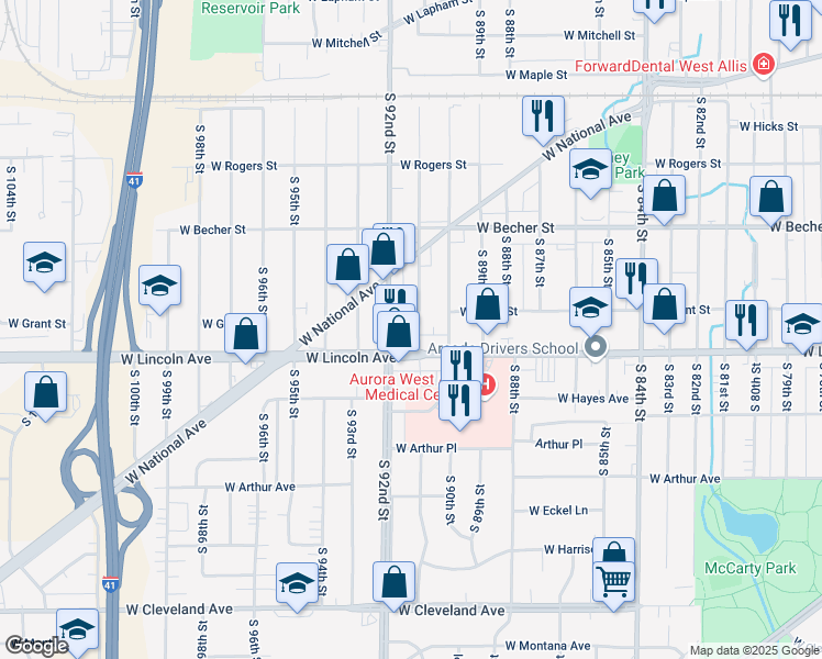 map of restaurants, bars, coffee shops, grocery stores, and more near 22 South 91st Street in West Allis