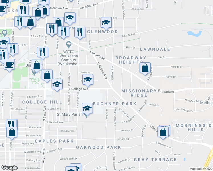 map of restaurants, bars, coffee shops, grocery stores, and more near 706 East College Avenue in Waukesha