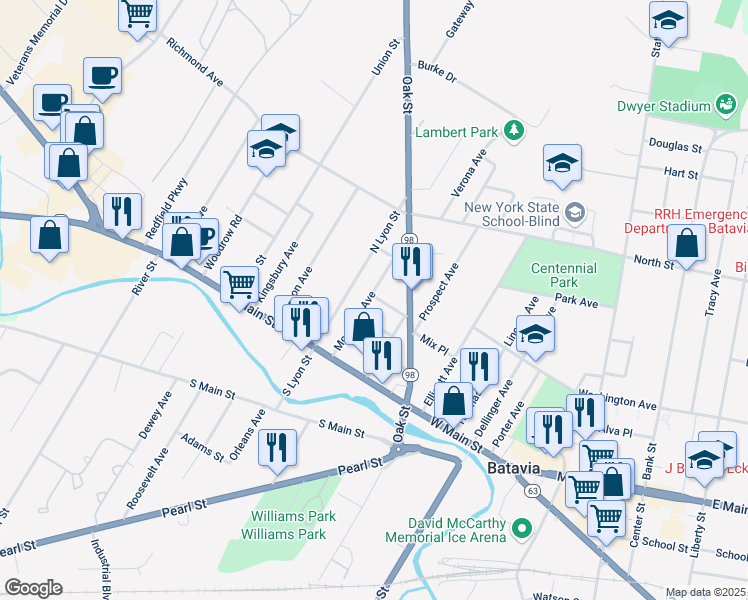 map of restaurants, bars, coffee shops, grocery stores, and more near 32 Montclair Avenue in Batavia