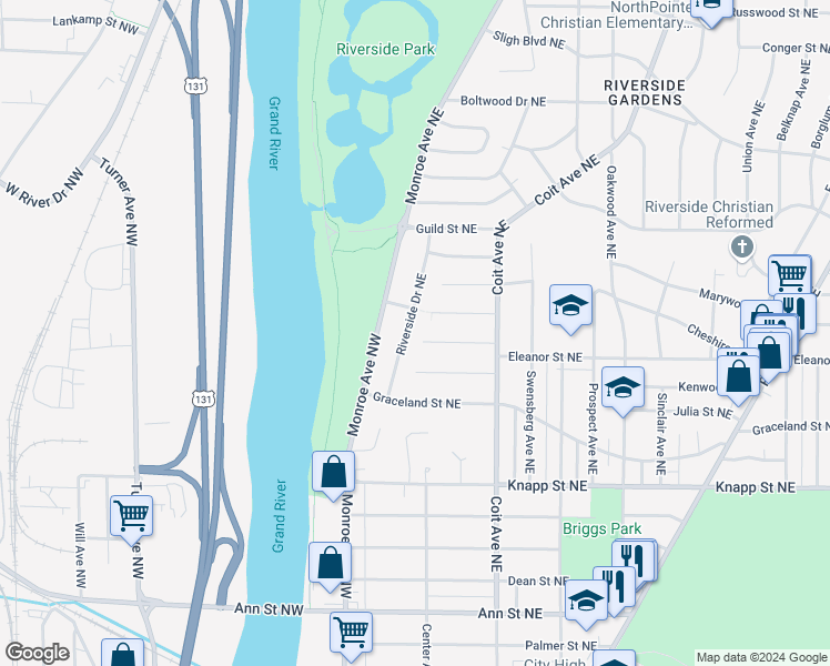 map of restaurants, bars, coffee shops, grocery stores, and more near 2210 Riverside Dr NE in Grand Rapids