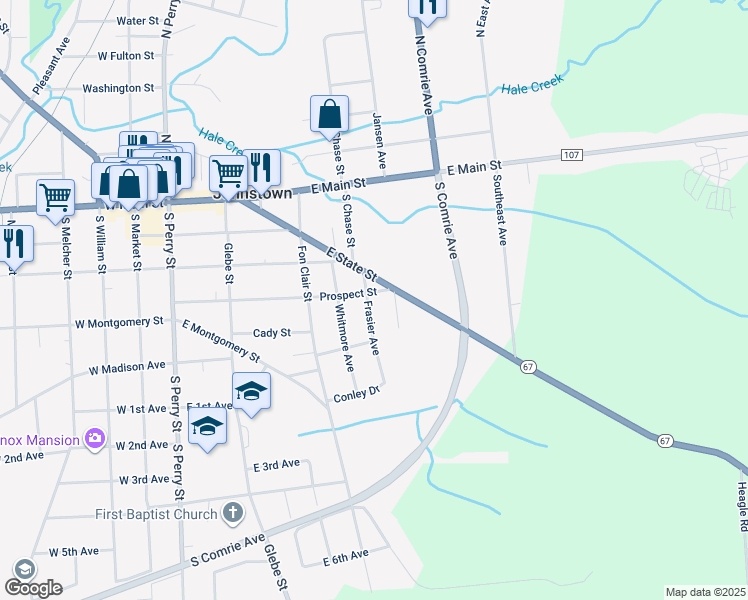 map of restaurants, bars, coffee shops, grocery stores, and more near 400 Prospect St in Johnstown