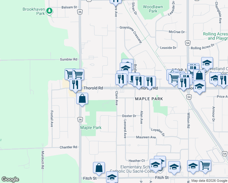 map of restaurants, bars, coffee shops, grocery stores, and more near in Welland