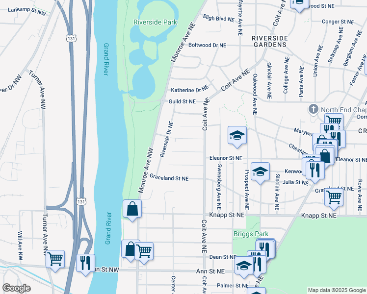 map of restaurants, bars, coffee shops, grocery stores, and more near 115 Bowne Street Northeast in Grand Rapids