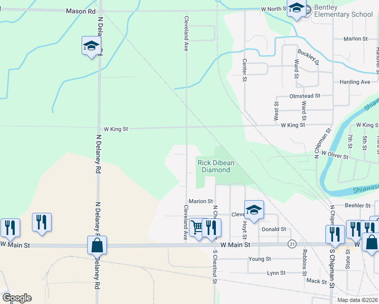 map of restaurants, bars, coffee shops, grocery stores, and more near 504 Cleveland Avenue in Owosso