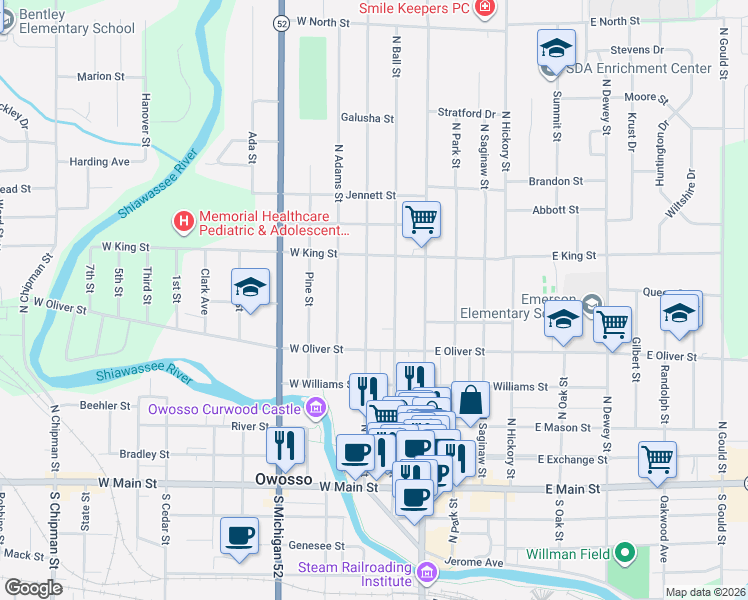 map of restaurants, bars, coffee shops, grocery stores, and more near 604 North Water Street in Owosso