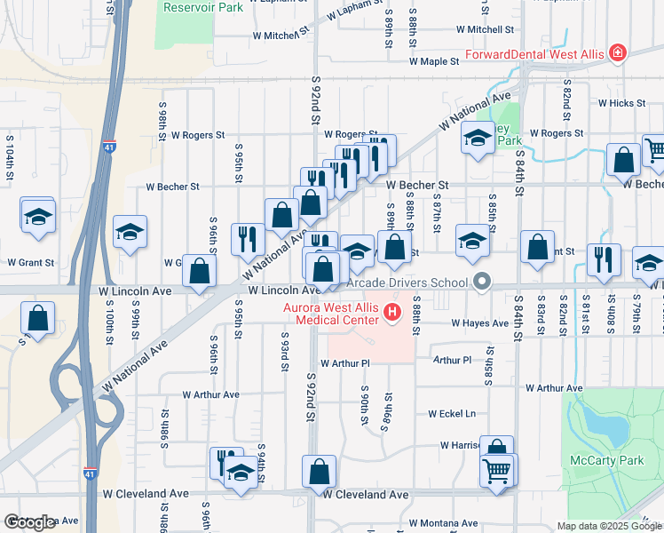 map of restaurants, bars, coffee shops, grocery stores, and more near 22 South 91st Street in West Allis