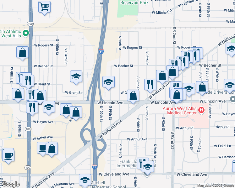 map of restaurants, bars, coffee shops, grocery stores, and more near 2201 South 98th Street in West Allis