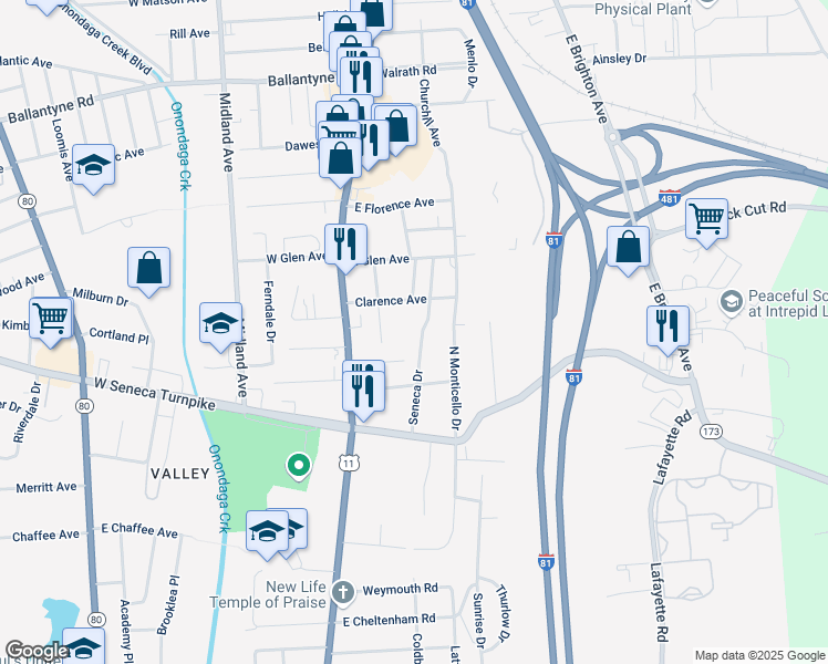 map of restaurants, bars, coffee shops, grocery stores, and more near 232 Seneca Drive in Syracuse