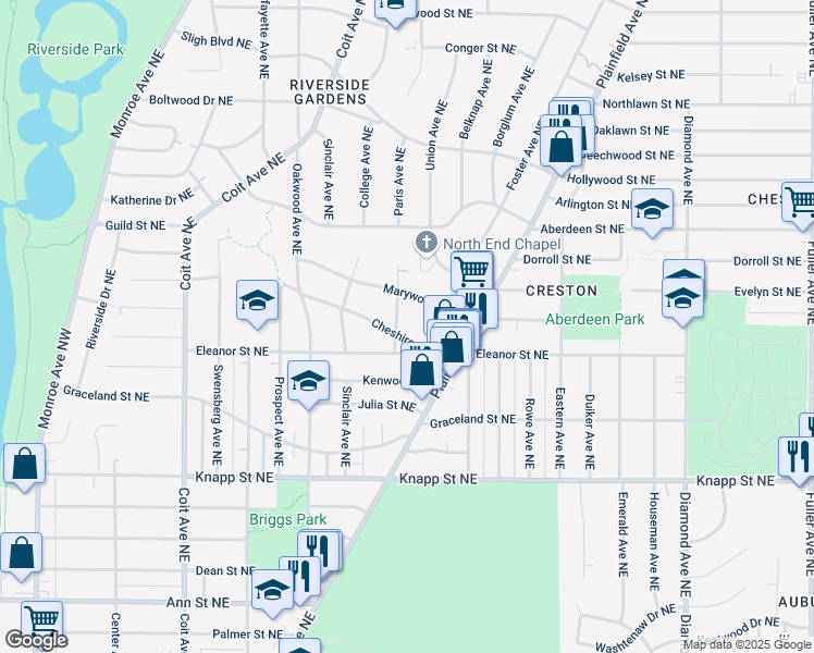 map of restaurants, bars, coffee shops, grocery stores, and more near 509 Cheshire Drive Northeast in Grand Rapids