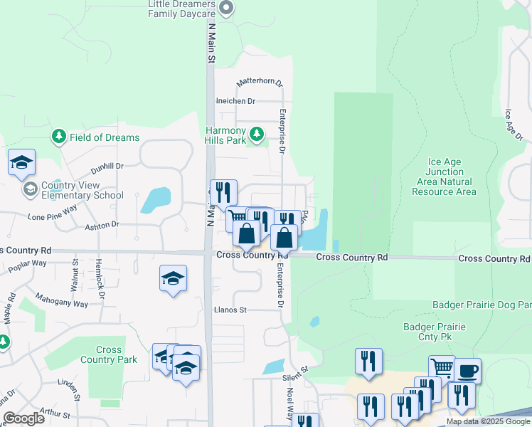 map of restaurants, bars, coffee shops, grocery stores, and more near 360 Prairie Way Boulevard in Verona