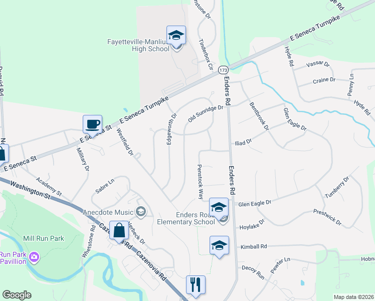 map of restaurants, bars, coffee shops, grocery stores, and more near 8174 Old Sunridge Drive in Manlius