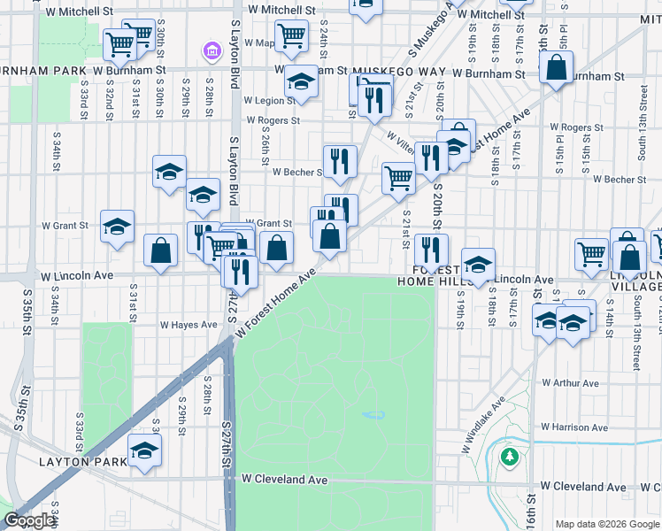 map of restaurants, bars, coffee shops, grocery stores, and more near 2320 West Lincoln Avenue in Milwaukee
