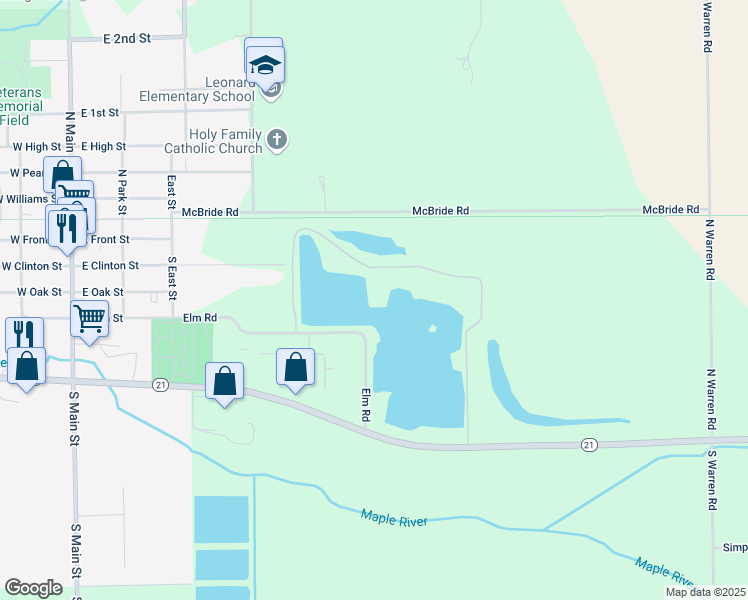 map of restaurants, bars, coffee shops, grocery stores, and more near 9600 Elm Road in Ovid