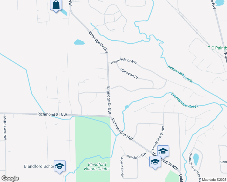 map of restaurants, bars, coffee shops, grocery stores, and more near 2740 Westbrook Drive Northwest in Grand Rapids