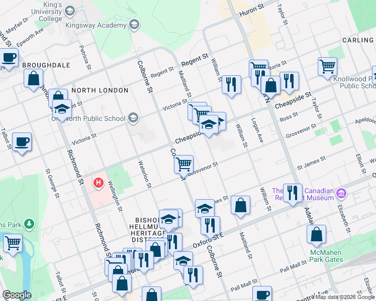 map of restaurants, bars, coffee shops, grocery stores, and more near in London