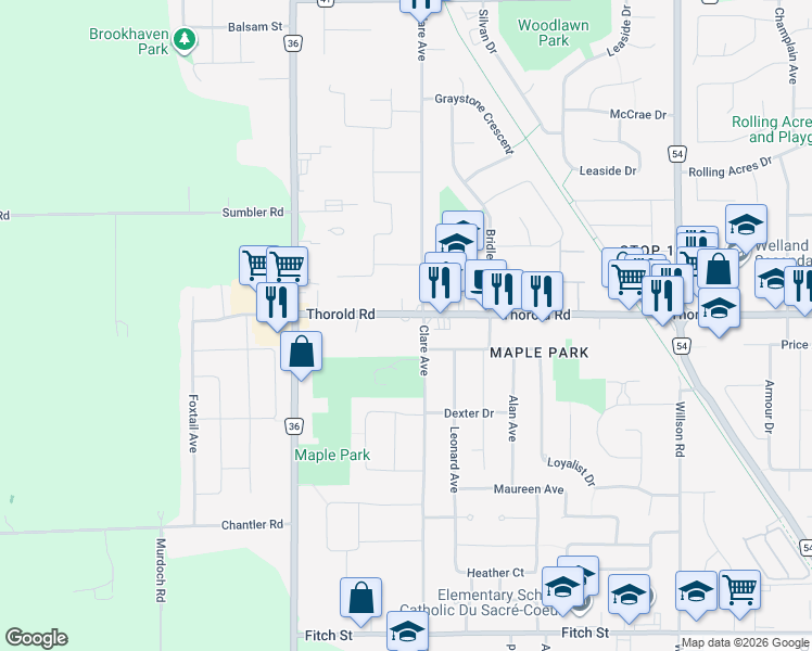 map of restaurants, bars, coffee shops, grocery stores, and more near in Welland