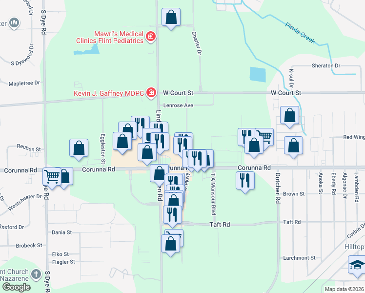 map of restaurants, bars, coffee shops, grocery stores, and more near 1478 Conway Street in Flint