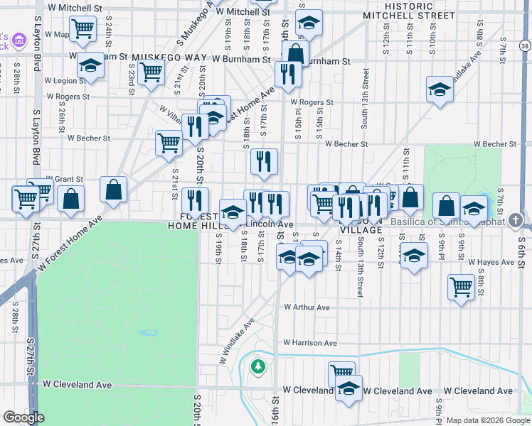 map of restaurants, bars, coffee shops, grocery stores, and more near 2258 South 17th Street in Milwaukee