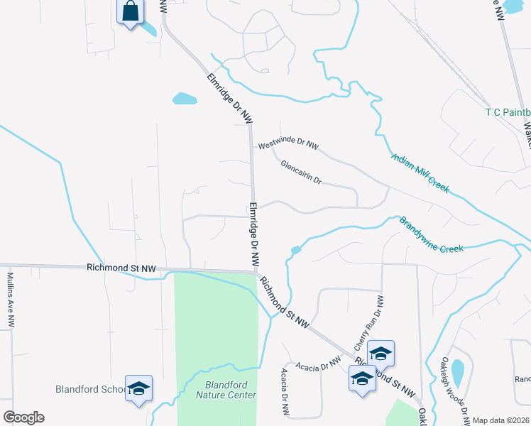 map of restaurants, bars, coffee shops, grocery stores, and more near 2740 Westbrook Drive Northwest in Grand Rapids