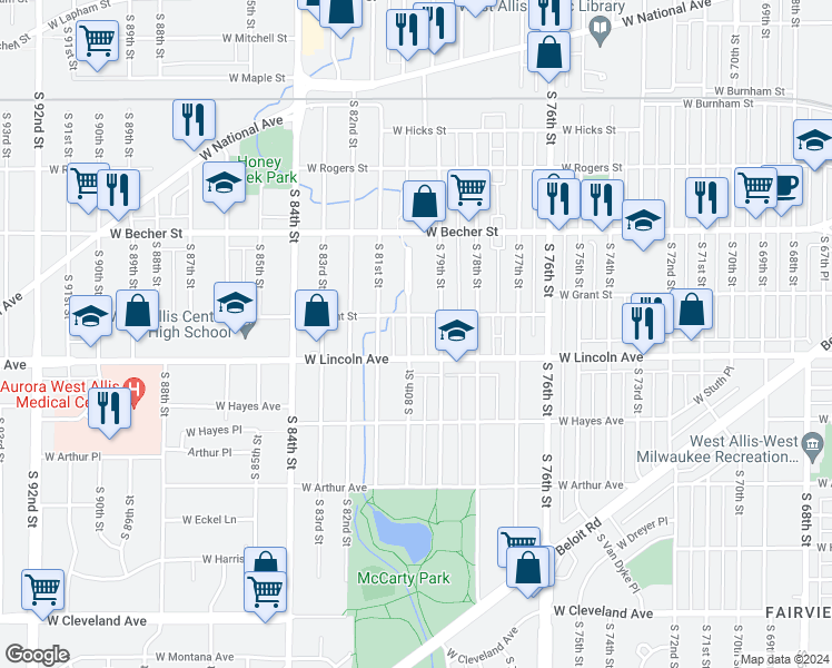 map of restaurants, bars, coffee shops, grocery stores, and more near 2220 South 80th Street in West Allis
