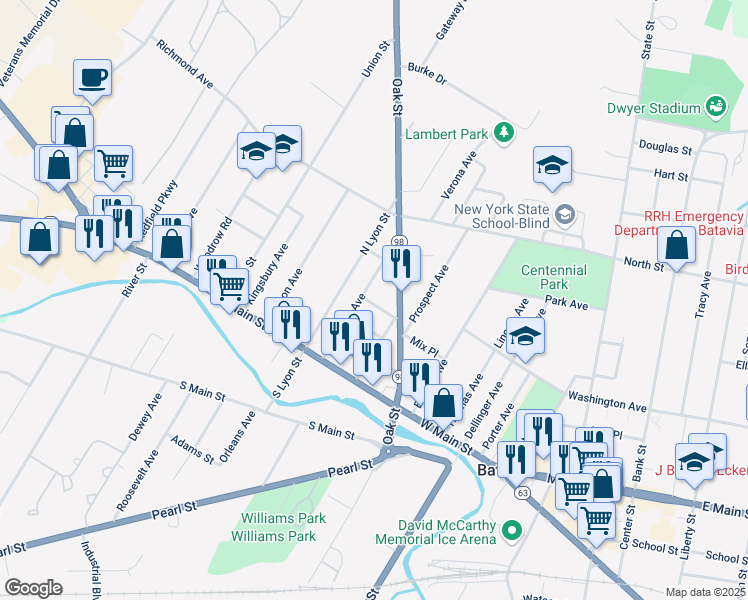map of restaurants, bars, coffee shops, grocery stores, and more near 32 Montclair Avenue in Batavia